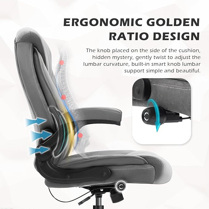 YAMASORO Executive Office Chair,Big and Tall Ergonomic Desk Chair with Adjustable Lumbar Support, Comfortable Computer Chair wih Flip-up Arms and Wheels, Gray