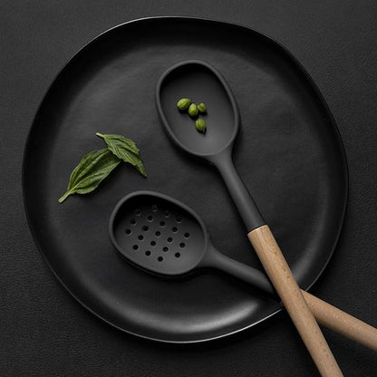 Country Kitchen Non Stick Silicone Utensil Set with Rounded Wood Handles for Cooking and Baking, 6 Piece Set, Black | Rounded Wood Handles, For Cooking and Baking