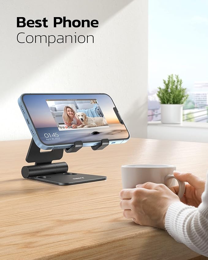 Nulaxy 2 Pack Dual Folding Cell Phone Stand, Fully Adjustable Foldable Desktop Phone Holder Cradle Dock Compatible with Phone 16 15 14 13 12 Pro Xs Xs Max Xr, All Phones, Black&Red
