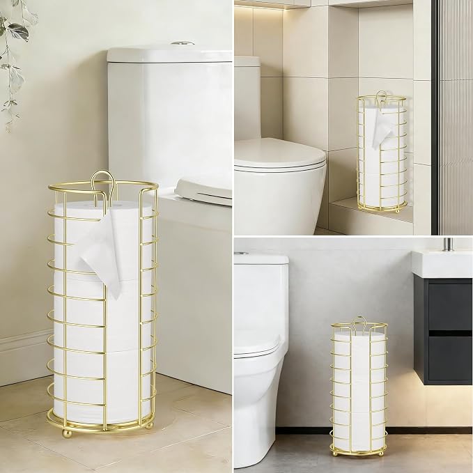 Toilet Paper Holder Stand - Freestanding Toilet Paper Storage,Gold Bathroom Organizer,3 Mega Roll Toilet Paper Roll Holder for Under Sink, Vanity, Cabinet Shelf (Gold)