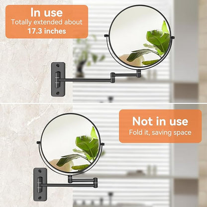 8” Makeup Mirror Wall Mounted, 1X/10X Double-Sided Wall Mount Magnifying Bathroom Mirror with Extendable Arm, 360° Swivel Vanity Shaving Mirror for Bathroom and Makeup, Black (No Light