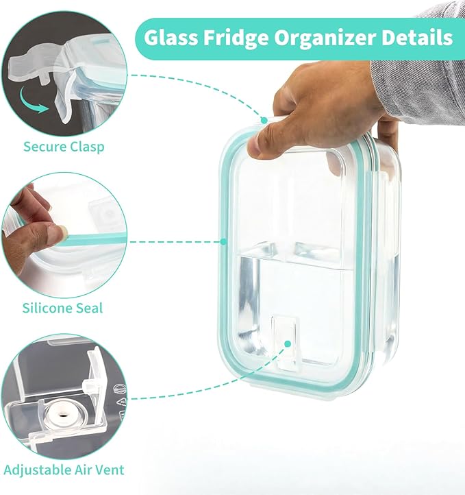 2 Pack Fruit Storage Containers for Fridge, Glass Fruit Containers for Fridge with Airtight Lid, Airflow Vent Design to Keep Produce Fresh Longer, Ideal for Fruits and Vegetables Storage