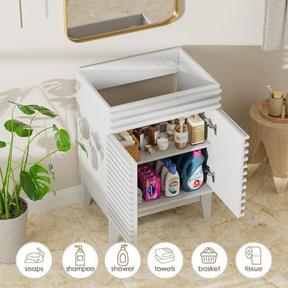 ROOMTEC 24" Bathroom Vanity, Mid-Century Freestanding Bathroom Cabinet Vanity with Storage, Particleboard Frame with Wood Grain Laminate, White(Sink Basin Not Included)
