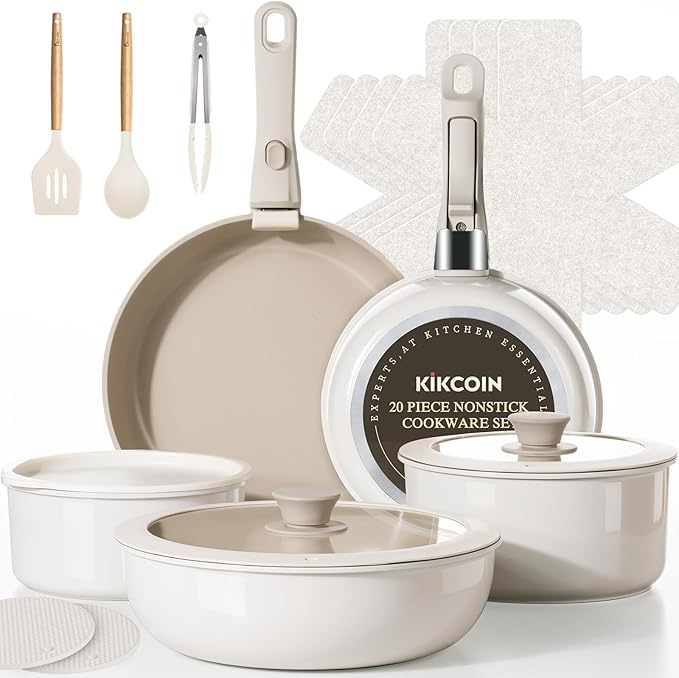 KIKCOIN Ceramic Cookware Set, 20 Pack Nonstick Pots and Pans Set with Detachable Handles, Healthy Frying Pans, Induction Dishwasher Oven Safe Kitchen Set, PFAS PFOA & PTFE Free