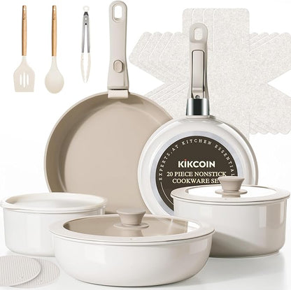 KIKCOIN Ceramic Cookware Set, 20 Pack Nonstick Pots and Pans Set with Detachable Handles, Healthy Frying Pans, Induction Dishwasher Oven Safe Kitchen Set, PFAS PFOA & PTFE Free