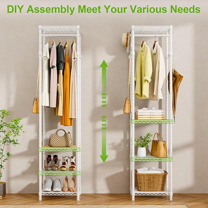 R1 Clothes Rack Heavy Duty, Clothing Racks for Hanging Clothes, Garment Rack with Storage Shelves, Small Coat Rack Freestanding for Entryway, Hallway, Bedroom, Max Load 448 Lbs, White