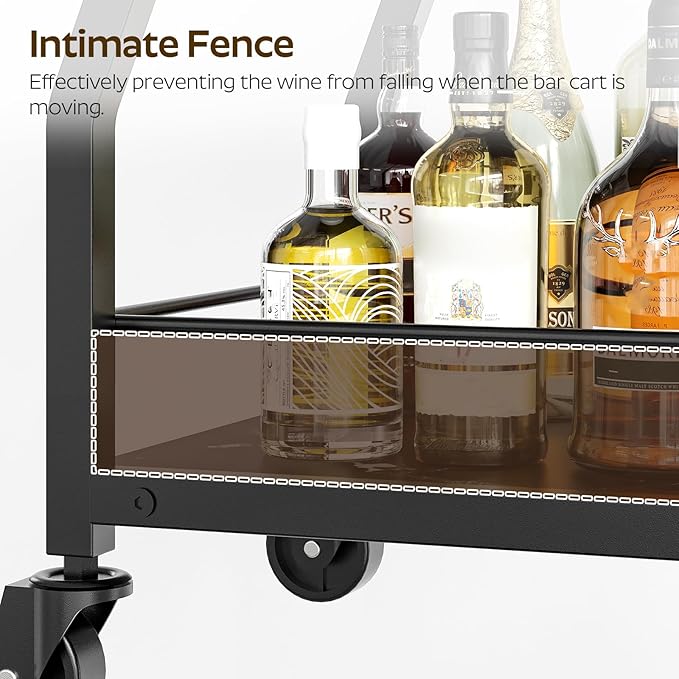 Bar Cart, Bar Cart for The Home, Small Bar Cart on Wheels, Beverage Cart, Home Bar Serving Cart with Glass Holder, Drink Cart for Bar, Kitchen, Marble Black and Black BC03BM