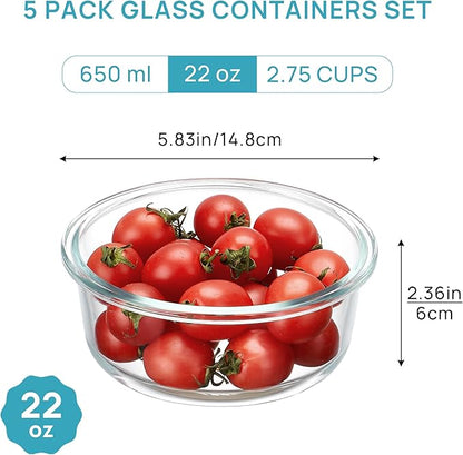 Vtopmart 5Pack 22oz Glass Storage Containers with Lids, Glass Meal Prep Food Container Sets with Snap Airtight Lid for Microwave, Oven, Freezer and Dishwasher, Green, Round