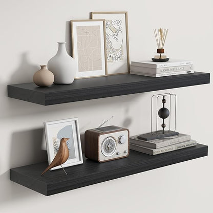 Fun Memories Rustic Floating Shelves for Home Decor, 8 Inch Deep Floating Shelf, Solid Wood Floating Wall Shelves 30 Inch Long, Deep Wall Shelves for Bathroom, Living Room, Black Finsh, Set of 2
