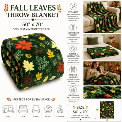 Fall Leaves Throw Blanket: Velvety Soft, Durable Fleece Accent for Bed Chair or Couch, Green Yellow Rust 50 x 70 inches