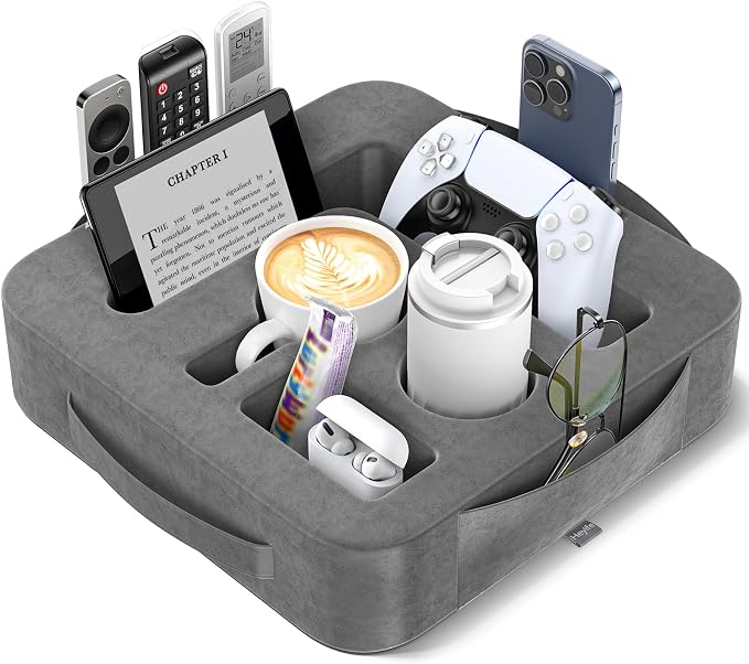 Couch Cup Holder Pillow, Sofa and Bed Caddy for iPad, Kindle, Switch, Game Controller, Remotes, Phones, Small-Sized Cup and Drink Holder for Couch, Bed, Desk, Car, Bathroom Cup Holder, Deep Gray