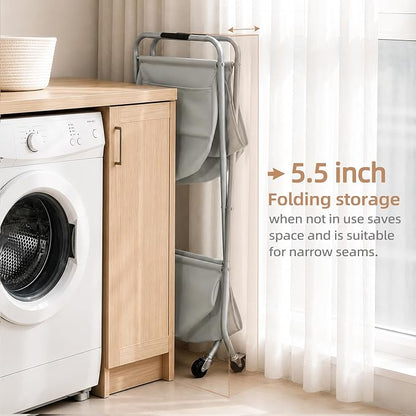 STORAGE MANIAC Collapsible Laundry Cart with Wheels 31.5"H Rolling Laundry Hamper Clothes Basket with Wheels, Canvas Liner Sturdy Steel Frame Folding for Small Narrow Space Easy Storage, Grey
