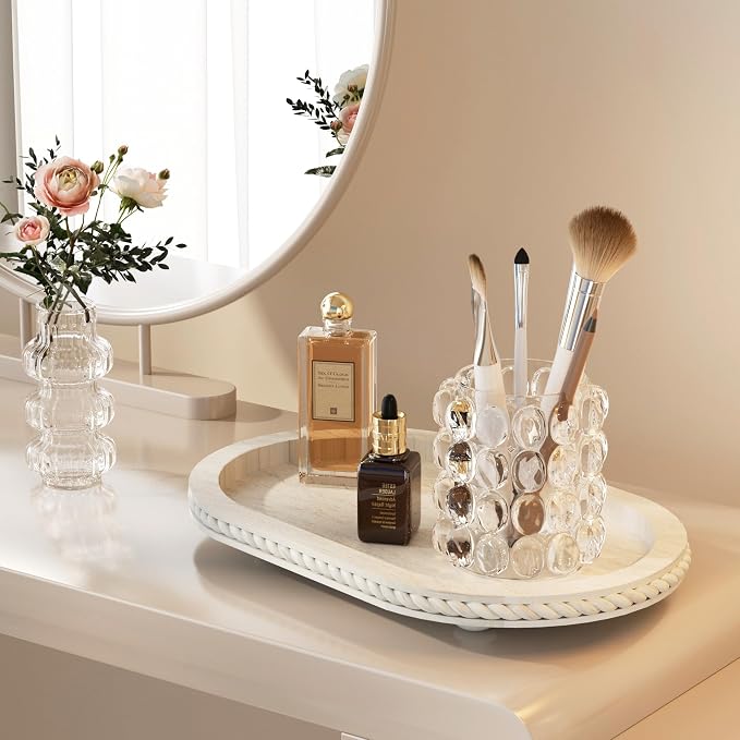 Urban Deco Oval Wooden Decorative Tray Set of 2, Farmhouse Vintage Decorative Tray Stand for Coffee Table, White Serving Tray for Living Room Kitchen Home Decor - 2 Pack