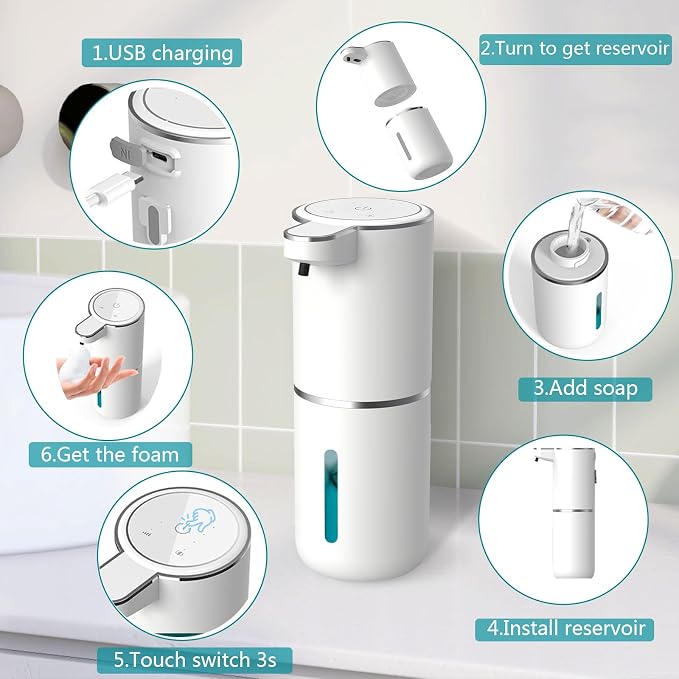 Automatic Soap Dispenser – Touchless Foaming Soap Dispenser 400ml USB Rechargeable Dispenser Electric Wall Mounted 4levels Adjustable Foam Dish Soap Pump for Bathroom Kitchen