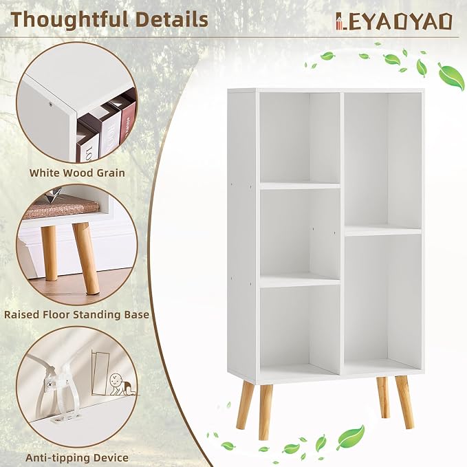 LEYAOYAO 5 Cube Bookshelf 3-Tier Bookcase with Legs,Mint White Kids Book Shelf Cute Storage Organizer,Free Standing Open Toy Shelves Wood Bookshelves,Display Bookcases for Bedroom,Living Room,Nursery