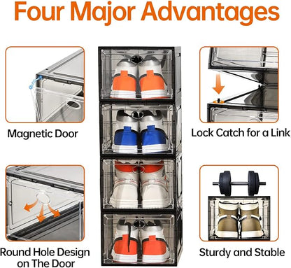 Amllas 12 Pack Shoe Boxes Stackable,Upgraded Sturdy Shoe Storage Boxes with Clear Magnetic Door,Multifunctional Sneaker Storage, Shoe Box Organizer Fit up to US Size 12 Gray(13.8”x 9.84”x 7.1”)