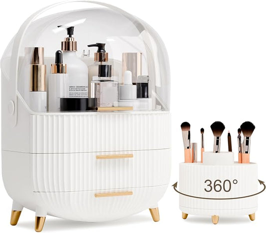 lurcns Makeup Organizers and Storage Make up Organizer for Vanity Cosmetics Skincare With Lid and Drawers Display Cases for Countertop Bathroom Women Teenager Girl Gifts(White+Brush Holder)