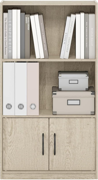 Furinno Gruen 3-Tier Open Shelf Bookcase with 2 Doors Storage Cabinet, Metropolitan Pine