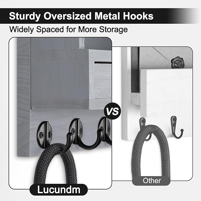 Key Holder Wall Mount, Mail Holder with Storage Drawer and 5 Key Hooks for Coat, Dog Leash, Home Decor Rack, House Accessories, Entry Way Organizer (Gray)