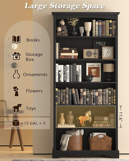 TVU 6-Tier Wooden Bookshelf, 76 Inch Tall Bookshelf with Storage, Floor Standing Modern Style Display Bookcase for Living Room, Office, Study Room, Entryway, Black