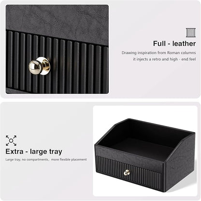 Desk Accessories,Black Vegan Leather Desk Organizers with 1 Draw & Tray,Remote Control Holder with Gold-Tone Metal Accents Knob for End Tables,Bedside Table,Bedroom