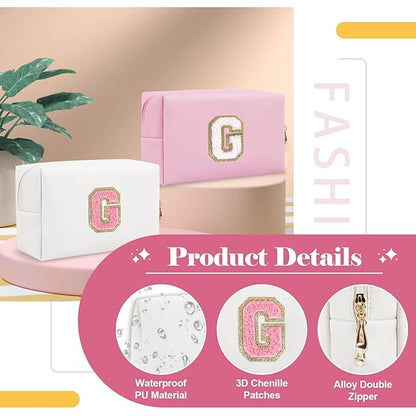 Personalized Makeup Bag Initial A-Z Preppy Patch Bag,Small PU Leather Travel Cosmetic Bag Pouch with Zipper,White Cute Toiletry Bag,Gift Ideal for Teen Girls Women Birthday Friend Mom,Letter G