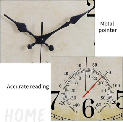 16 Inch Large Outdoor Clock, Waterproof Wall Clock with Thermometer, Battery Operated Silent Non-Ticking Vintage Wall Clock Quartz Round Clock Home Decor,Black Bronze