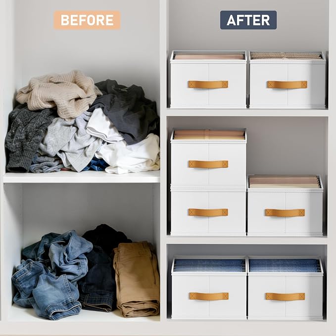 DIMJ Wardrobe Clothes Organizer - 4/5/7 Grids Foldable Closet Drawer Organizer Dividers for Jeans, Pants, Sweater, T Shirt, Storage Bins with Handles for Shelf