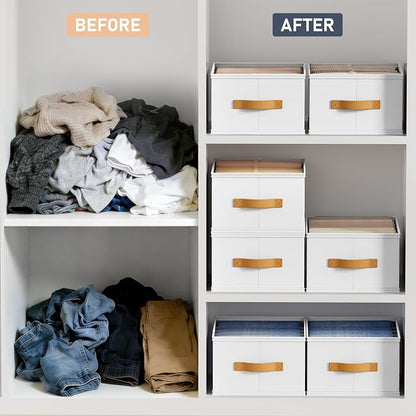 DIMJ Wardrobe Clothes Organizer - 4/5/7 Grids Foldable Closet Drawer Organizer Dividers for Jeans, Pants, Sweater, T Shirt, Storage Bins with Handles for Shelf
