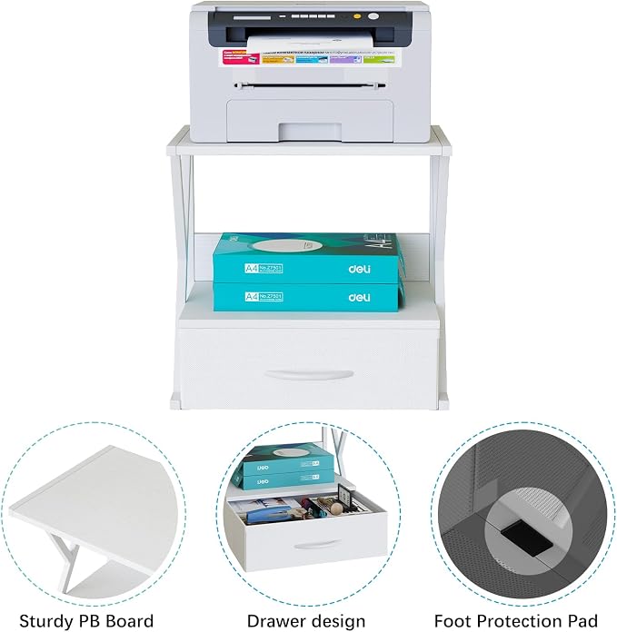 aboxoo Printer Stand for Desk with Storage Drawer, 2 Tier Desktop Or UnderDesk Shelf, Multi-Purpose Desk Organizer for Home Office, fit Fax Machine/3D Printer/Scanner, White