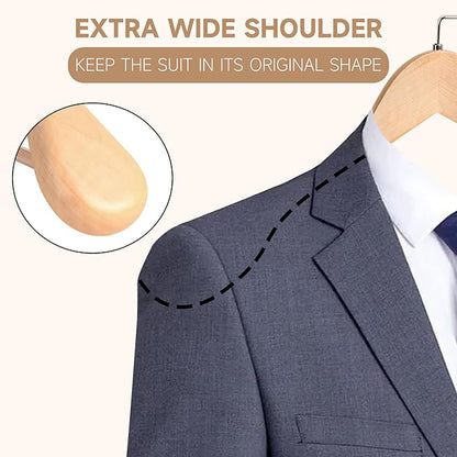 17.5" Wooden Suit Hangers with Non Slip Pants Bar, 6-Pack Wood Extra-Wide Shoulder Hangers with Flat-Head Hook for Suits, Coats, Jackets, Shirts, Pants, Heavy Clothes (Black)