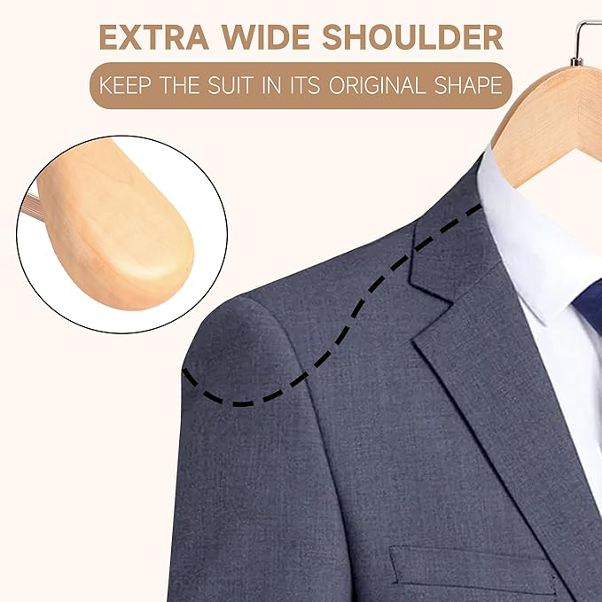36-Pack Premium Wide Shoulder Wooden Suit Hangers, 17.5" Heavy-Duty Solid Wood Coat Hangers with Pant Bar for Men's Heavy Garments, Blazers, Jackets (Natural Wood)