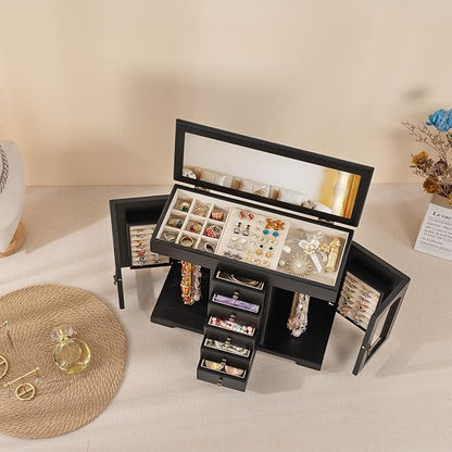Miratino Jewelry Box for Women Girls, Wooden Jewelry Organizer Box with Mirror, 5 Layer Jewelry Storage Case Display for Necklaces Earrings Rings Bracelets Valentine's Day Gifts