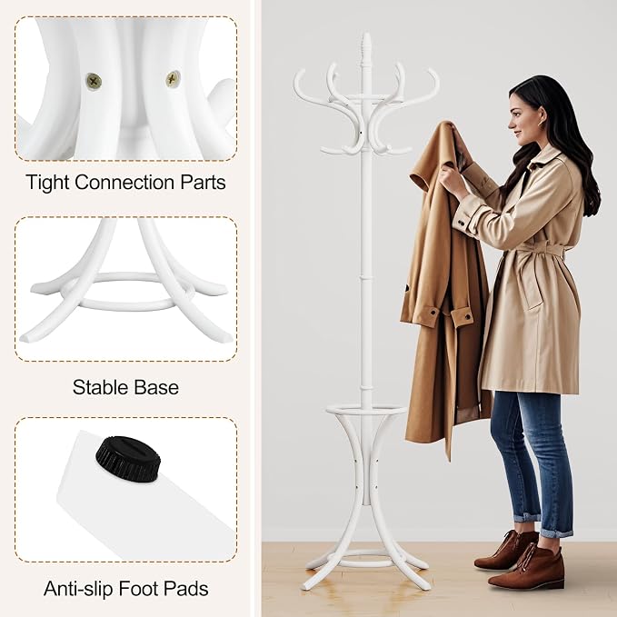 Giantex Solid Wood Coat Rack, Freestanding Hall Tree w/12 Hooks, Umbrella Holder, Entryway Hanger Stand for Coat, Hats, Scarves, Bags, Wooden Garment Rack for Bedroom, Hallway (White)