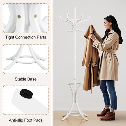 Giantex Solid Wood Coat Rack, Freestanding Hall Tree w/12 Hooks, Umbrella Holder, Entryway Hanger Stand for Coat, Hats, Scarves, Bags, Wooden Garment Rack for Bedroom, Hallway (White)
