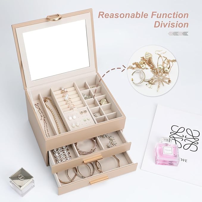Leather Jewelry Box Premium 3-Layer Jewelry Case with Mirror - Scratch-Resistant Storage for Earrings, Rings, Necklaces, Ideal Gift for Women Apricot