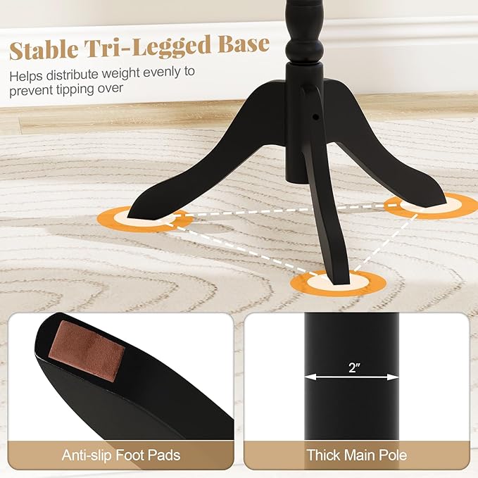 Tangkula Coat Rack Freestanding, Solid Rubber Wood Coat Tree with 11 Hooks and 3 Height Options for Coats, Hats, Bags, Purses, Clothes, Hanger Stand for Entryway Hallway Bedroom Office (Black)
