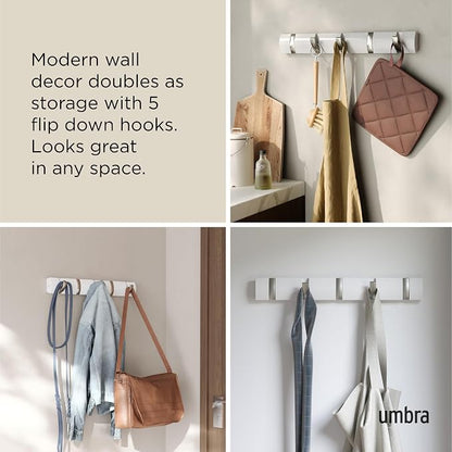 Umbra Flip Wall-Mounted Coat Rack with 5 Hooks – Modern, Space-Saving Storage for Hats, Jackets, Bags, Entryway, Mudroom, Closet, Bathroom, Bedroom – White/Nickel