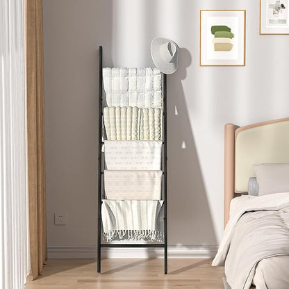 HONEST OUTFITTERS Blanket Ladders for The Living Room, 6-Tier Blanket Holder, Wall-Leaning Blanket Rack, Ladder Shelves, Wooden Quilt Ladder, Farmhouse Decor, Black