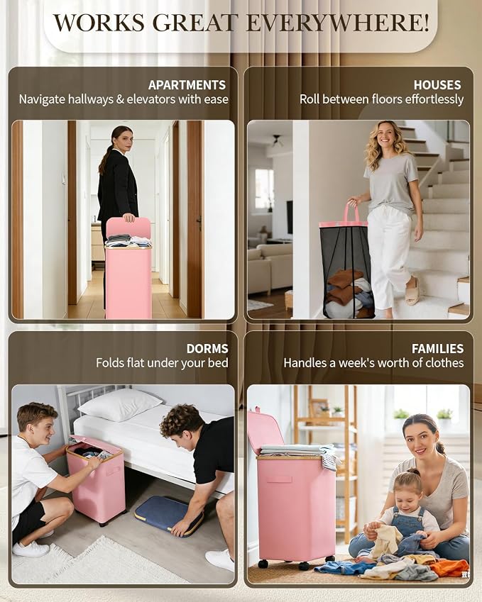 Laundry Hamper with Wheels, 75L Large Clothes Hamper with Removable Inner Bag, Collapsible Dirty Clothes Basket for Dorm, Rolling Dirty Clothes Basket for, Bedroom, Bathroom, Laundry Room