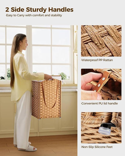 Greenstell Laundry Hamper with Wheels, No Install Needed, 90L Divided Handwoven Hampers & 2 Removable Liner Bags, Synthetic Rattan Clothes Laundry Basket with Lid & Handles, Foldable Hampers Natural
