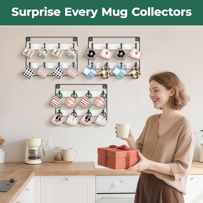 EsLuker.ly Mug Holder Hanger Rack Wall Mounted Wooden 3 Pack Coffee Cup Storage Organizer Display Shelf with 24 Movable Plastic Hooks, Ideal for Mug Collectors, White-Black