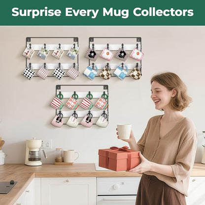 EsLuker.ly Mug Holder Hanger Rack Wall Mounted Wooden 3 Pack Coffee Cup Storage Organizer Display Shelf with 24 Movable Plastic Hooks, Ideal for Mug Collectors, White-Black