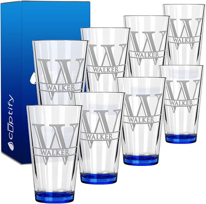 Personalized Beer Glasses Set of 8 Engraved Blue 16oz Pint Glasses for Men & Women, Custom Drinking Gift for Birthdays, Weddings, Father’s Day & More