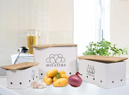 Kitchen Vegetable Storage Tins Set of 3 for Potato Onion & Garlic with Wooden Lid and Aerating Holes, Kitchen Storage Canisters Set, Vintage Kitchen Decor - White