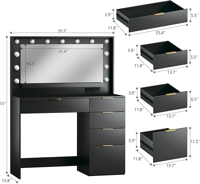 Vanity Desk with Mirror and Lights, 39.3in Makeup Vanity Desk with 5 Storage Drawers & Power Outlet, Vanity with Large Mirror, 3 Color Lights Adjustable for Bedroom, Black
