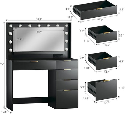 Vanity Desk with Mirror and Lights, 39.3in Makeup Vanity Desk with 5 Storage Drawers & Power Outlet, Vanity with Large Mirror, 3 Color Lights Adjustable for Bedroom, Black