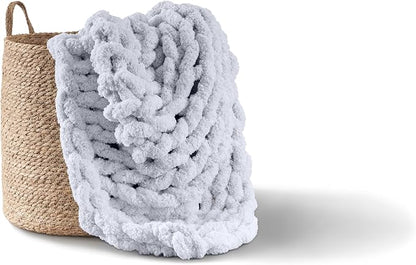 Adyrescia Chunky Knit Blanket Throw | 100% Hand Knit with Jumbo Chenille Yarn (30"x40", Light Gray)