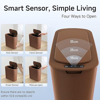 TIPGO 5 Gallon Motion Senor Bathroom Trash Can with Lid, Automatic Garbage Can Touchless, Smart Plastic Waste Basket for Narrow Spaces, Bathroom, Office, Bedroom, Living Room (Brown)