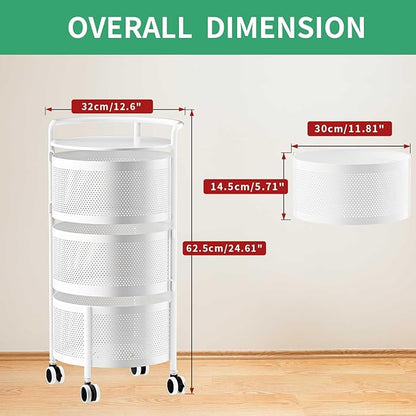 JAQ No Assembly Integrated Rotating Storage Cart, 3-Tier Rolling Storage Cart with Wheels, Solid Carbon Steel Onion Potato Storage, Kitchen Storage Cart, Vegetable Storage Cart, White